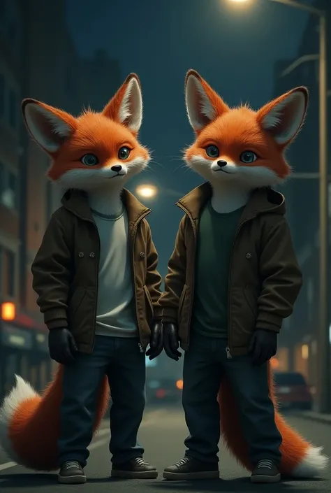 Make me a picture of a fox and a fox standing on their feet wearing a t-shirt and a jacket on the shirt and being on the street and being very afraid
 Make the street night
Make them scared 
Make the picture more realistic 
Make them afraid in a realistic ...