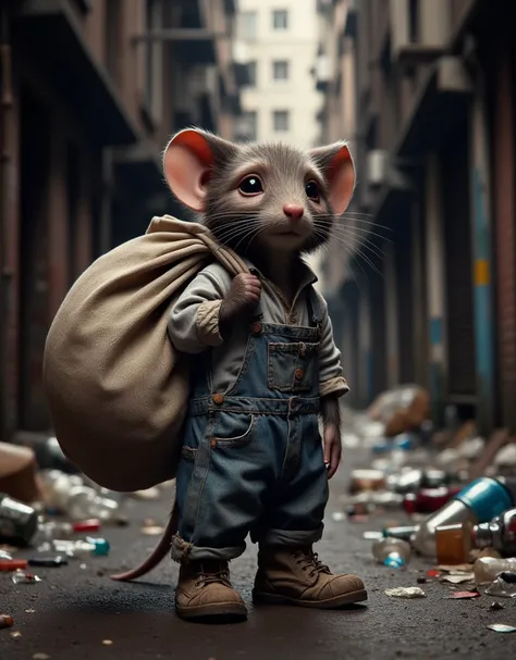 A very pitiful anthropomorphic little mouse image, Wearing a very worn grey linen shirt and denim overalls, Worn-out cloth shoes, Carrying an oversized bag, Higher than oneself, Little mouse standing in the city alley, A dark corner of the city, The ground...