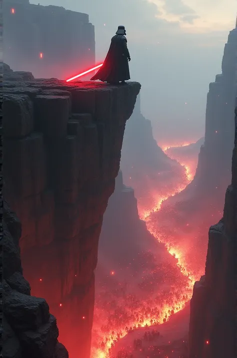 Vader, standing atop a cliff, watches as his army of Saiyans storms a battlefield. The Saiyan warriors fight fiercely, unleashing devastating energy attacks while Vader stands calmly, his red lightsaber in hand, directing them with the Force.