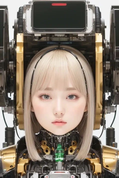 masterpiece, best quality, extremely detailed,portrait,upper body,front view,Japaese android girl,Plump, control panels,android,Droid,Mechanical Hand, Robot arms and legs,Blunt bangs,long tube,thick cable connected her neck,