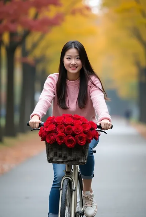 real photo, a beautiful young Korean woman, clean face, long straight hair, pedaling a bicycle with lots of red roses in the basket, she is wearing a pink sweater,denim pants, sports shoes, quiet street in the background, right left, lots of trees with yel...