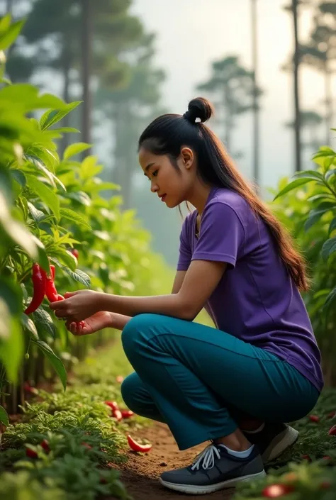 realistic, cinematic, Close-up, a beautiful Indonesian woman picking chilies, with a background of chili gardens, trees and clouds. He wore a purple t-shirt and blue sports pants, and wore sports shoes. She had long black hair that was tied up.