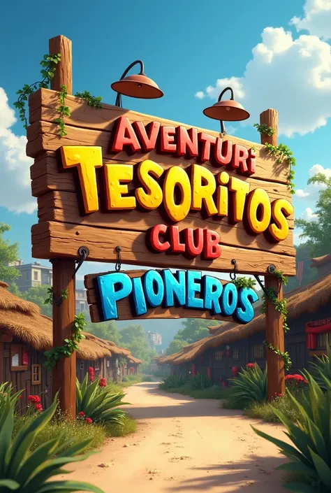 Large wooden sign that says  "AVENTURI TESORITOS CLUB PIONEROS "  with cheerful colorful letters animating the sign from the front