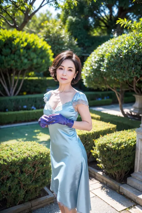 ((Masterpiece)), ((Best Quality)), A middle-aged short-hair woman, (((She is wearing a tight light blue ornamental satin dress))), in a garden, gloves on her hands, boots, standing, Japanese woman, from side