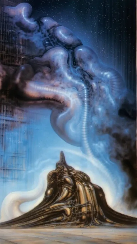 H. R. Gigers g1g3r, , Giger_style, The image is a detailed view of H.R. Gigers " Island Of The Dead " plate, featuring ( b The image depicts a fantastical scene of a castle with a round tower, surrounded by a whirl of dark clouds and a starry nebulous sky ...