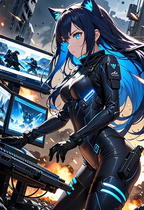 8K Ultra High-Quality, ultra-detailed, High quality, dark blue hair, Blue inner layer hair, glowing blue eyes, long hair, Cat ears, gloves, Black Tactical clothes, solderless suit, skirt, spandex pants, full body, close up, side view, looking away from vie...