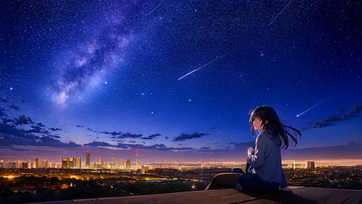 beautiful detailed glow, best quality, octans, sky, star (sky), scenery, starry sky, night, 1girl, night sky, solo, outdoors, building, cloud, milky way, sitting, glassy eyes, tree, long hair, city, silhouette, cityscape, panoramic