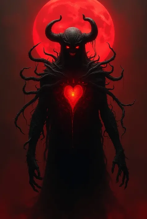 The image depicts a terrifying, otherworldly entity shrouded in darkness and bathed in an ominous red glow. This malevolent figure stands against a backdrop of a blood-red moon, its twisted, shadowy form wreathed in writhing tendrils and dark, jagged appen...