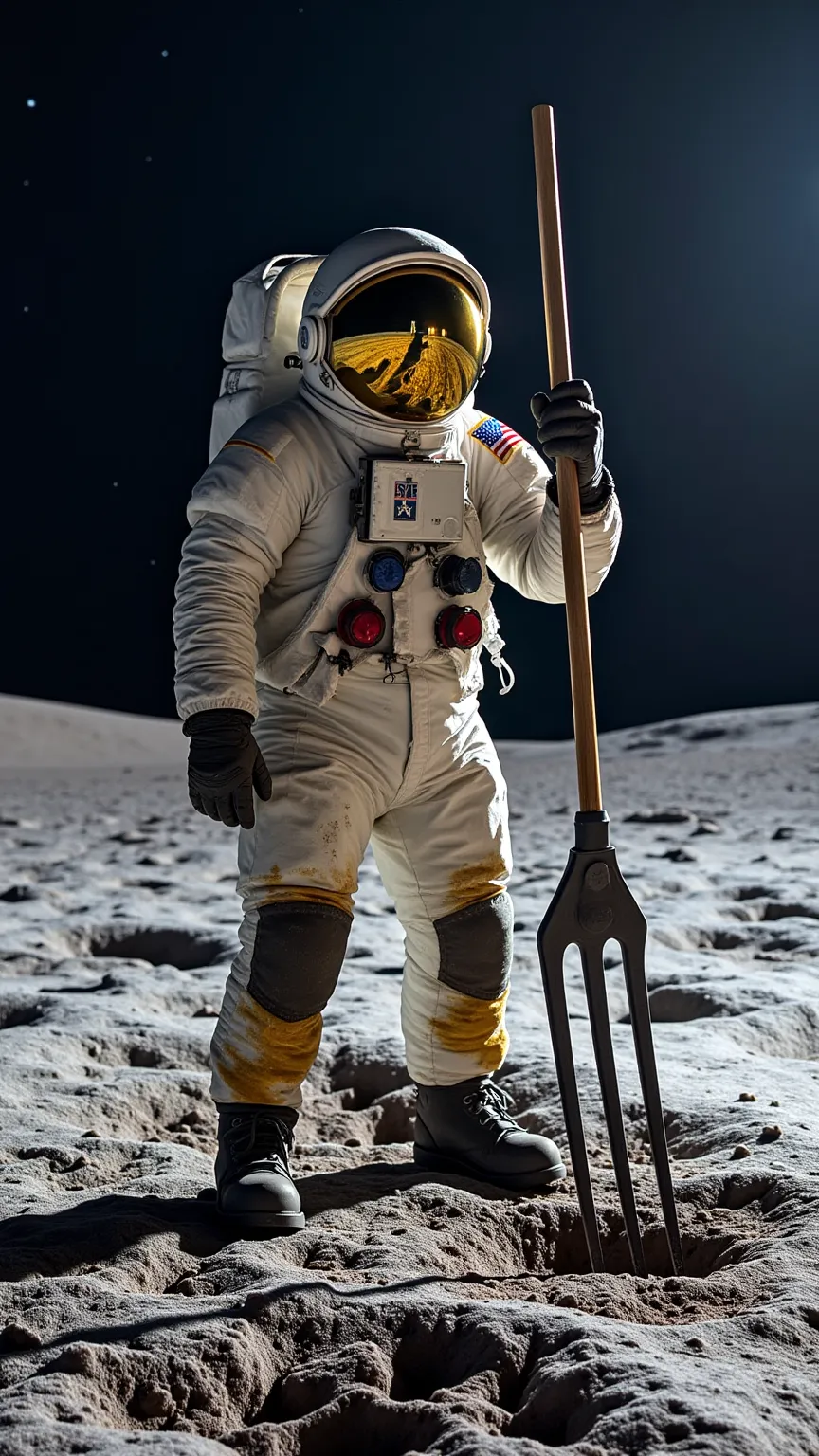 a hyper-realistic, cinematic scene of an astronaut standing on the moon without a helmet, his face clearly visible. instead of p...