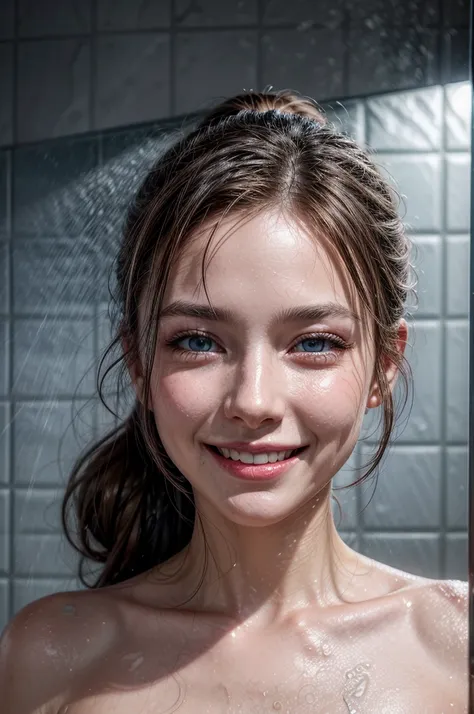 Woman smiling in the shower, photorealistic, fair smooth skin, grey-blue eyes, beautiful face, sensual lips, smiling, laughing happily, brunette hair, ponytail, photon mapping, dramatic lighting, vibrant colors, aesthetics, hair and body are wet,