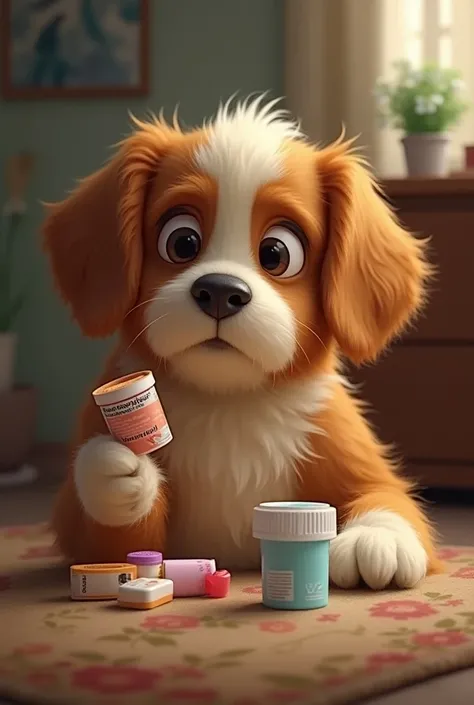  a dog sitting with a medicine box in his hand, With a doubtful face about what medicine to take 