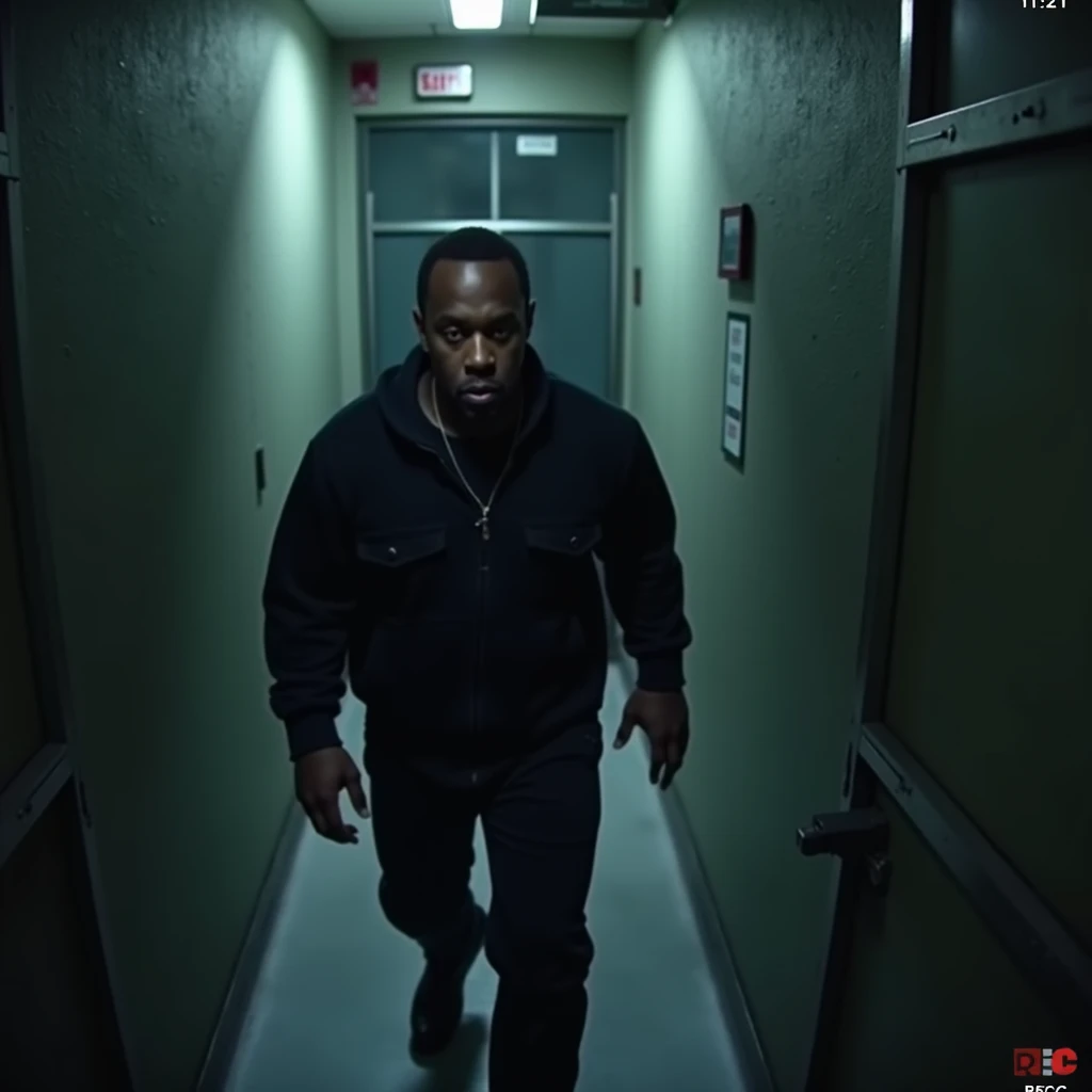 "Create a realistic security camera footage image showing rapper Diddy escaping from a prison at night. The image should show Diddy dressed in dark clothing, sneaking or running through a dimly lit prison corridor. The background should feature typical pri...