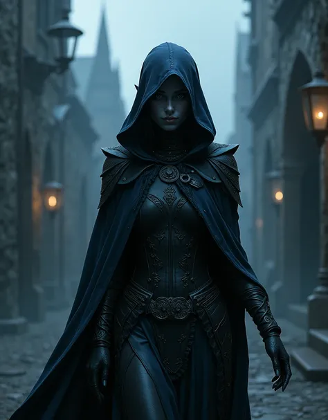 dark elf woman, dark blue skin color, covered head and face with assassin hood, elf ears, medieval dark elf assassin outfit, dark elf city background