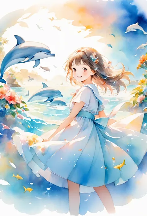 Aquarium and dolphin background 、 smiling woman is fluttering with dolphins、 watercolor style 