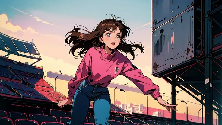 Best Quality, 8k, 1990s Style,     2010s Hairstyle   ,     girl,   Brown Hair  , Long Hair,      uncontrollable light brown eyes ,      city pop, pants ,  There is movement、Stadium jumper