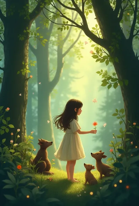 Illustration for a fairy tale about a girl, standing in the forest,  who can talk to animals 