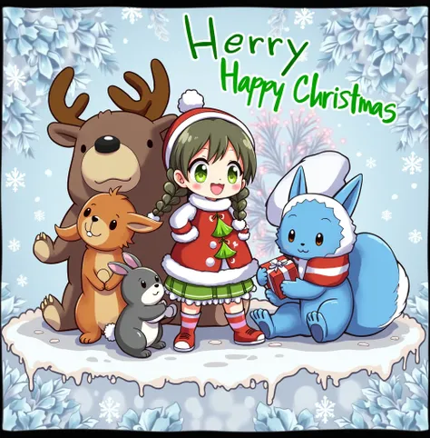 1girl, animal, bear(Masha and Bear), border, box, braid, , christmas, english text, gift, gift box, green eyes, looking at viewer, merry christmas, polar bear, rabbit, reindeer, smile, snow, snowflakes, squirrel, umbrella