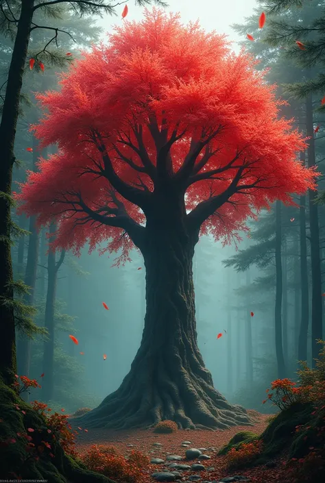 Make me a fairytale tree with bright red leaves that represents the emotion of anger,  in a forest  