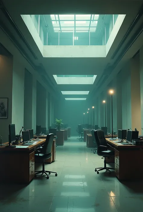 A futuristic office with office furniture, cinematic and dramatic, modernist, Edward Hopper, Zdzislaw Beksinski, Lewis Jones, Greg Rutkowski, open ceiling, highly detailed, painted by Francis Bacon, painted by James Gilleard, surrealism, airbrush, Ilya Kuv...