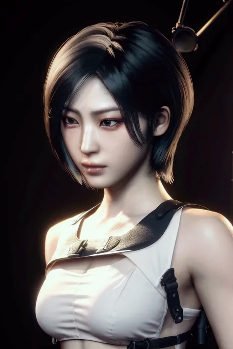 ((  Masterpiece  )), (familiar), precise, eyelash , Perfect face, Asian people, (Resident Evil), (Ada wong), bare, ร่างbare, background, High Building Deck , Short hair, Black hair, Black eyes, Beautiful round eyes., Black pupil,  big breasts , Black bra, ...