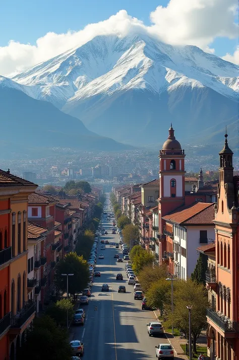 I want a city with the architectural style of Merida, Venezuela, and that in the background of the landscape you can see the Andes mountain range, the city and the mountain are snow-capped. 