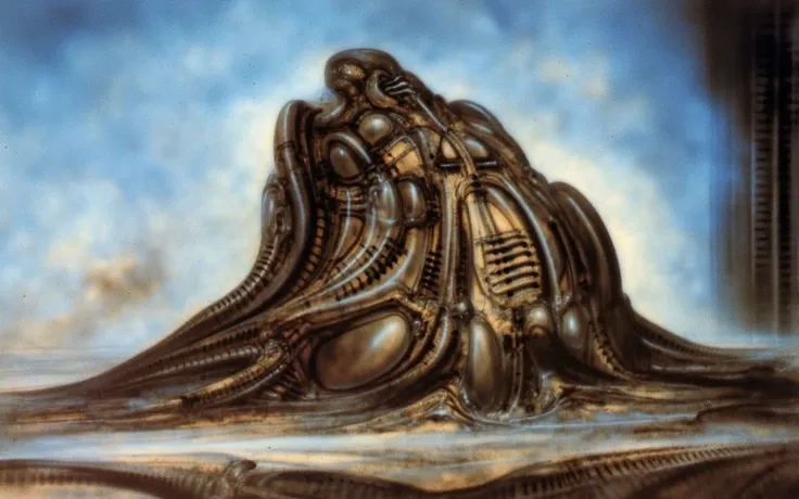 H. R. Gigers g1g3r, , Giger_style, The image is a detailed view of H.R. Gigers " Island Of The Dead " plate, featuring ( b The image depicts a fantastical scene of a castle with a round tower, surrounded by a whirl of dark clouds and a starry nebulous sky ...