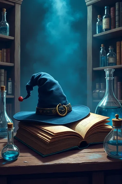  on the cover of a magic book ，Close-up shot of a lab ， with magic-related objects on it ，Illustration type，Please highlight the magic theme ， to generate dark scenes around magic， with a witch hat placed on an open retro magic book indoors 、There are many...