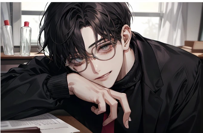 1 male，Short detailed hair，Black hair color，（Eyes 1：2， Clear Eyes ，A sophisticated eye，Delicate eyes，Pictures of attractive Japanese women with good eyes ，Eye details）， face focus ，adult， black turtleneck， best quality， facial details ，‎， sitting at a desk...