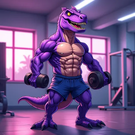 Purple muscular velociraptor furry jock without clothes holds dumbbells in his hands at the gym in cartoon style