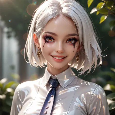 dark-skinned family, smile, langes Haar, Lens reflection, Reflected light, In extremely tight shiny silver latex blouse with button placket, Tie Makeup, Are ,  white hair, 