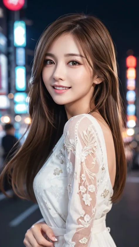 highest quality、genuine、Super detailed、finely、High resolution、8k wallpaper、one beautiful woman、light brown hair、sharp focus、perfect dynamic composition、beautiful and detailed eyes、thin hair、Detailed genuine skin texture、smile、model body shape、at night Toky...