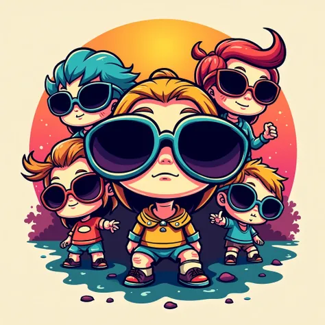 ちびデフォルメ characters、The sunglasses company  「of」 &#39; カラフルなサングラスofロゴを作成する必要があります .  characters、ワイルドな characters、  large sunglasses , , sex、Rugged。