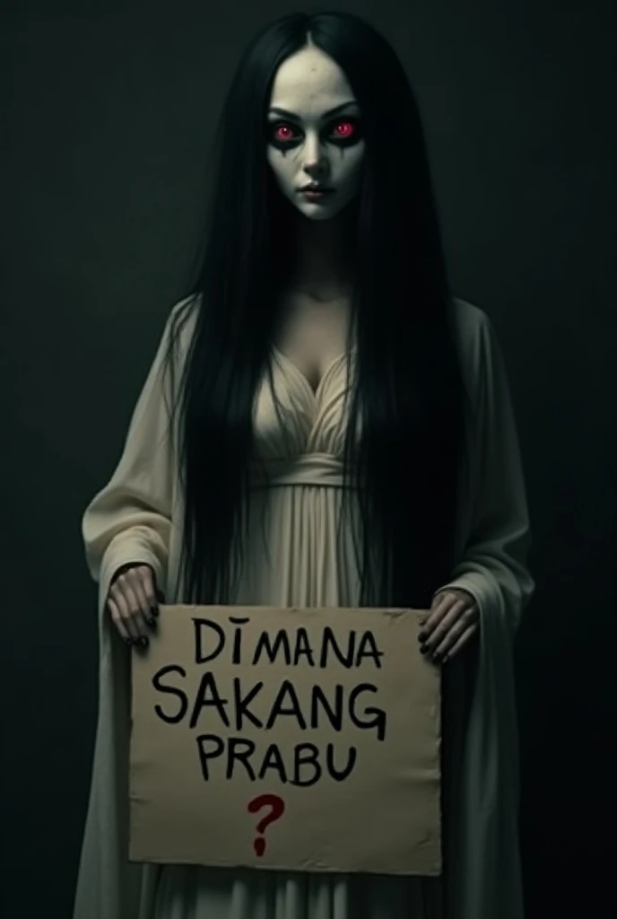 horror, Kuntilanak, very long black hair, big breast, cleavage, pale white face, plain white long dress, dramatic lighting, dark, eerie atmosphere, volumetric lighting, haunting portrait, detailed hair, haunting ghost, holding a sign that reads the clear w...