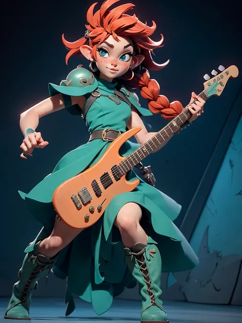 Female fantasy halfling, short stature, freckles, long orange and red hair, braids, wide hips, blue eyes, long green botton up dress,  shoulder armor, playing a guitar, dancing pose, tall boots, full body shot, on a stage