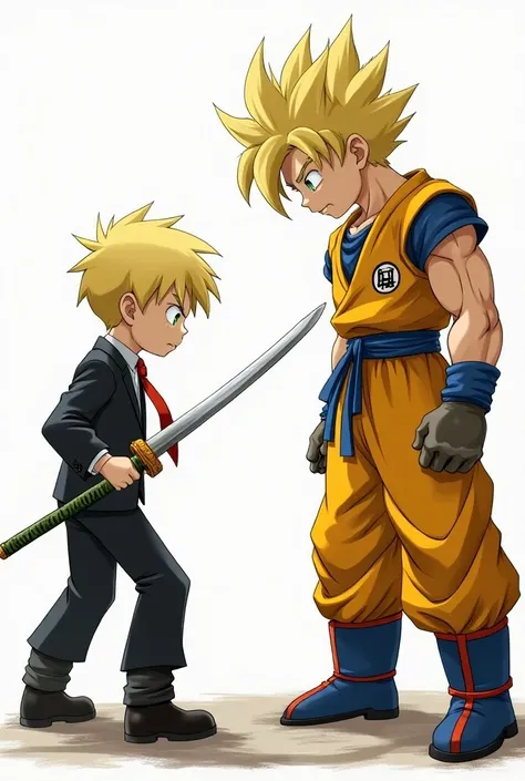  Dwarf boy in a black and white suit and red tie and green eyes and yellow hair holding a short sword with a green and yellow handle and in front a muscular boy, With a yellow and blue fighting suit and the hair the same as Gokus, as if the two are going t...