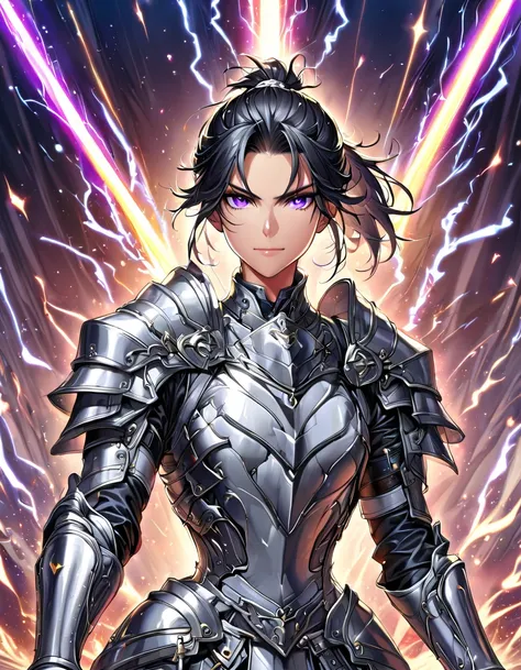 ((masterpiece)、(absurdres)、(ultra detailed)、,Anatomically correct,solo lady,shiny black hair,shiny purple eyes,short highponytail,(1white ribbon;1.1),(D size bust:0.9),(Gothic dress:1.1),(Silver Armor:1.1),Swordsman,grabs colorful shining sword:1.2,serious...