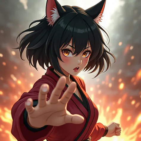 , the woman who has mastered Neko Fist, which is the essence of Nippon Kempo 、Where the young master 、The Terror of Nyaon&#39;s Special Move（Right hand down） is coming out 、Cute face、With cat ears、、 black hair bob cut 、Realistically、, explodes his deadly m...