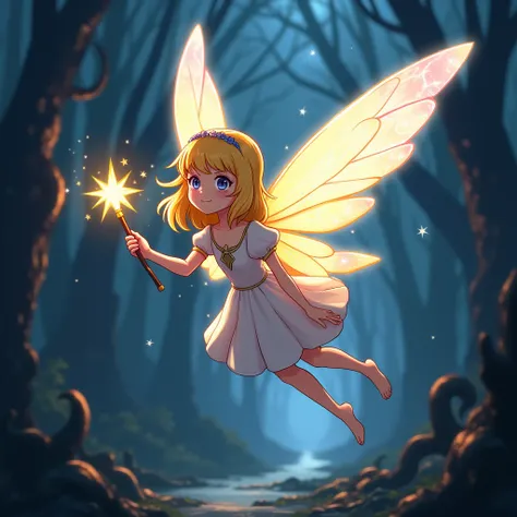 The illustration depicts Lucia, a fairy with bright golden hair, ready to embark on her quest to retrieve the stars in order to give dreams back to ren. With determination in her expression, she flies towards the mysterious Valley of Lost Memories, a dark,...