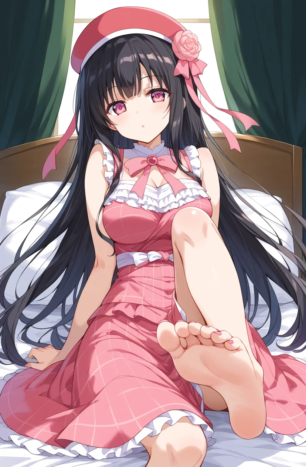 source_cartoon, morning fragrance  ,    deep black hair with red ..很長的head髮, , 超長的head髮,  pink eyes , ribbon, 額head..head髮絲帶,  g...