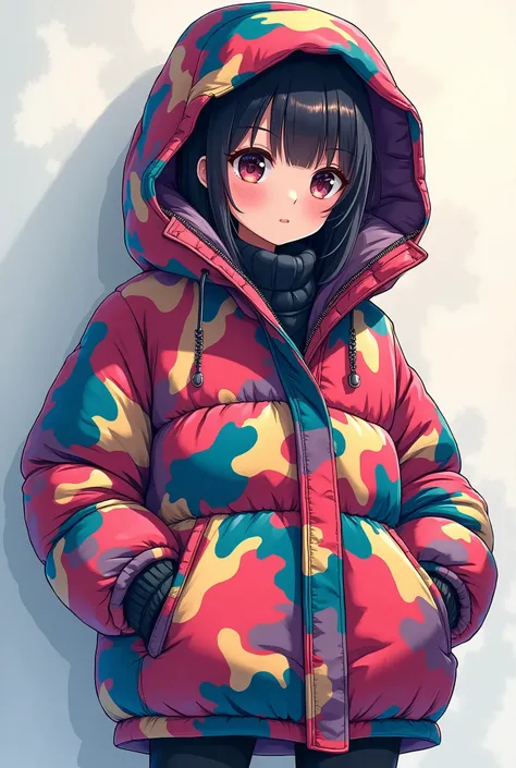 ((Multi color camouflage pattern)), 
((Oversize Down Coat:1.4)),

BREAK

((best quality:1.4)),((high resolution:1.4)),((highres:1.4)),((Contrast)), 
((sketch background:1.4))、
((anime style)),((kawaii Girl:1.2))