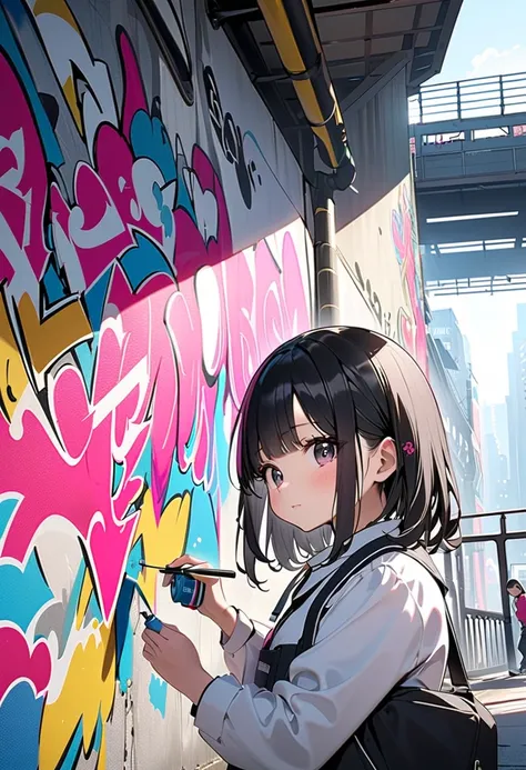 (Masterpiece, BestQuality:1.2),school girls in uniforms are drawing graffiti on the wall under the elevated railway. japanese cute baby. Pop and artistic graffiti. Catchy logo mark. spray and paint cans. emotional,