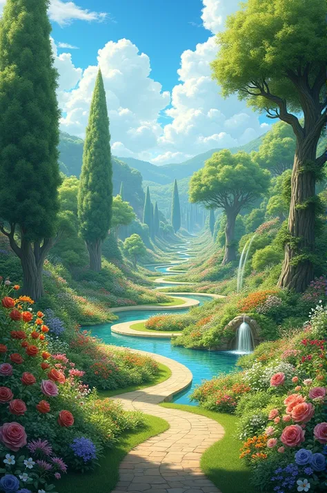 Illustration of a vast and beautiful garden
