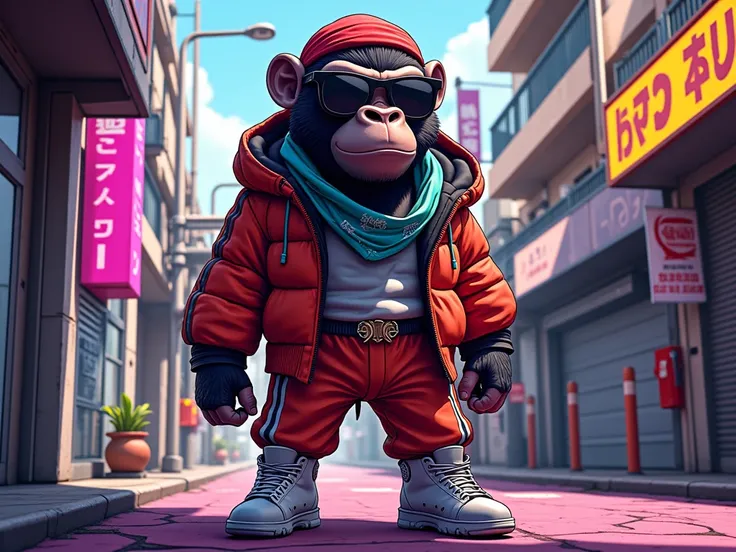 "An immersive, high-contrast digital art composition in a cartoonish CG-anime style with vivid colors, featuring a gorilla character dressed in hip-hop attire, including a tracksuit, high-top sneakers, and a bandana. The gorilla is wearing dark sunglasses ...