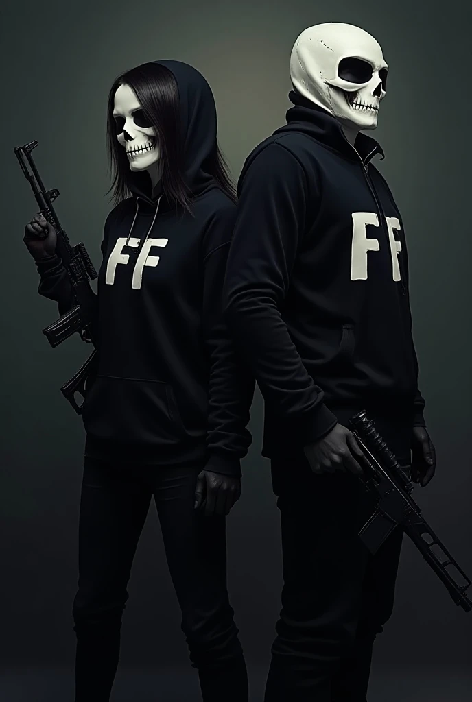 Create a logo of two ghosts, one feminine and the other masculine., , the female ghost that has a shotgun in her hand and the male ghost that has a shotgun on her shoulder,  that have a black shirt and on the left side of the chest that has the letters FF ...