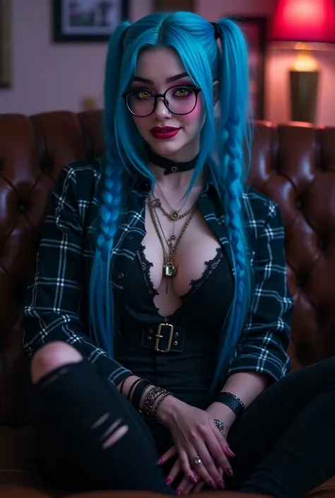 score_9, score_8_up, score_7_up, Eplljinxs , personagem Jinx de League of Legends,  long neon blue hair in braids , dams, animal print,  DOUBLE HAIR BRAIDS ,  Braided Hair , glasses.  Big breasts , colorful skin, nails, smiling,  looking at the spectator ,...