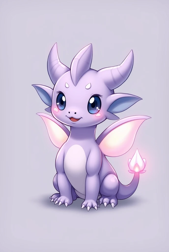 is a small, cute, dragon-like Pokémon with soft lavender-colored scales. It has large, friendly eyes and tiny curved horns on its head. Its body is round and somewhat chubby, giving it an adorable and approachable look. d has tiny, delicate wings, which ar...