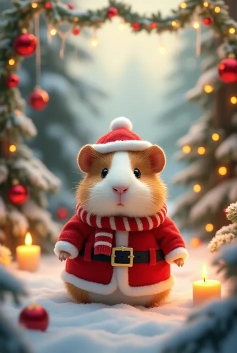 cute guinea pig、Santa fashion、Snow Forest、Christmas decorations、Candles、