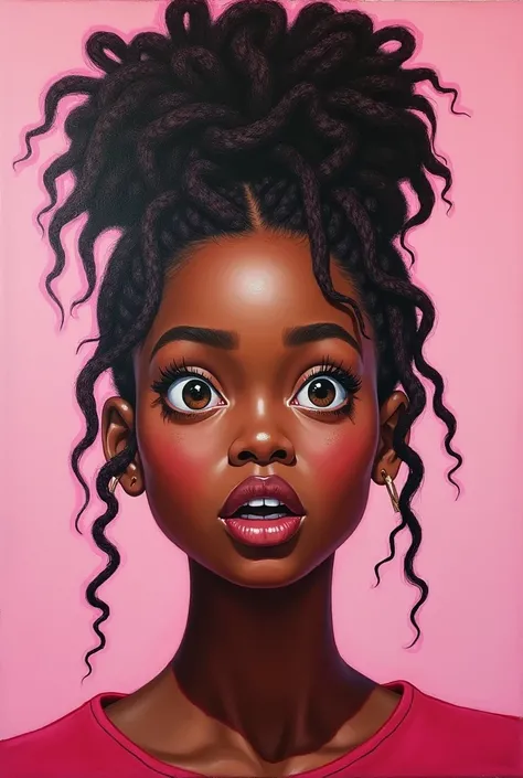 An acrylic painting beautiful artwork, of an American woman with locs in a high bun with a very excited and surprised look on her face, The background solid light pink.