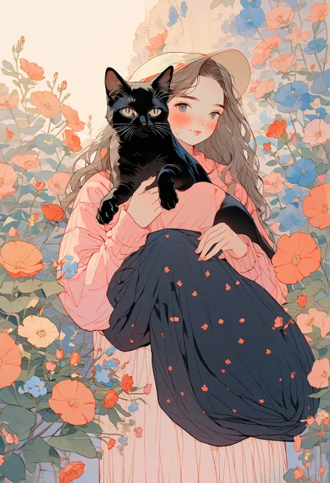 (Best Quality:0.8), (Best Quality:0.8),  Perfect illustration  ,Best Quality, (masterpiece:1.2),   cute girl, Holding a black cat、whole body、beautiful、 Aesthetic 、5-looking-fingers、flower、 Pastel