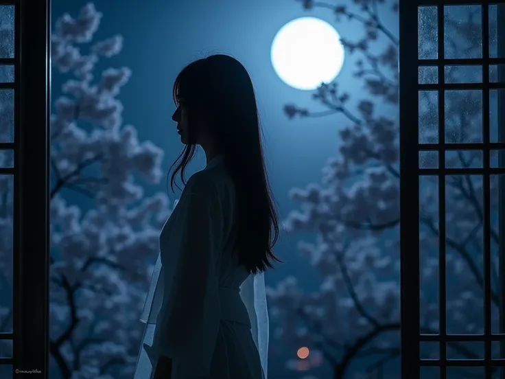  Moonlit Night 、눈부신 달빛 아래서 옆으로 달을 바라보며 다다미방에 누워 있는 Womens silhouettes、Shoji, Japan 、 Hairstyle with long straight hair tied behind the neck 、Womens silhouettes&#39; Ss body is reflected through a transparent robe ..、Backlight、 The room lights are off 、fog、...